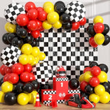 Race Car Balloon Garland Arch Kit With 2 Checkered Foil Fringe Curtains - Cars Wheels Balloons In 18 12 10 Inch Sizes For Two Fast Racing Cars Birthday Party Decorations Supplies