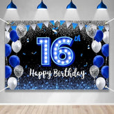 Happy 16Th Birthday Backdrop Banner Blue Black Theme Background With Blue Neon Light Shiny Fashion Birthday Party Photo Photography Prop Booth Background For Boys Girls Celebration 70.8X47.2In-