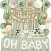 Sage Green Neutral Baby Shower Décor Set with Banner & Boho Balloons