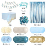 Dusty Blue & Gold Birthday Decor Set - Balloons, Banner, Pom Poms, Curtain and Tablecloth