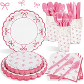 175PCS Coquette Pink Bow Birthday Party Supplies Set, Plates, Napkins & Cutlery for 25 Guests