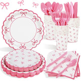 175PCS Coquette Pink Bow Birthday Party Supplies Set, Plates, Napkins & Cutlery for 25 Guests