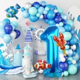 40 Inch Under The Sea Blue Number 1 Balloon, Mini Sea Animal Balloons Ocean Animal Foil Balloon, Fish Crawfish Balloons For Boys Girls Ocean Theme 1St Birthday Baby Shower Party Decoration