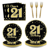 200pcs 21st Birthday Party Supplies Black Gold Plates Napkins Forks Tableware Set