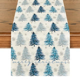 Xmas Trees Snowflake Christmas Table Runner, Seasonal Winter Blue Kitchen Dining Table Decoration For Home Party Decor 13X72 Inch