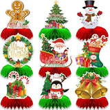 9 Pcs Christmas Honeycomb Centerpieces – Holiday Table Decorations with Gingerbread Man, Christmas Tree, Snowman, Santa, Stocking, Wreath, Candy Cane, Penguin and Bells for Xmas Party Supplies