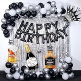 Black Happy Birthday Party Set with Banner Fringe Curtains and Foil Balloons