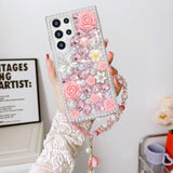 For Samsung Galaxy A16 5G Glitter Bling Case,Cute Luxury 3D Sparkle Crystal Rhinestone Flowers Diamond Pearl With Lanyard Wrist Strap Women Girls Phone Case For Galaxy A16 5G 6.7 Inch (Pink)
