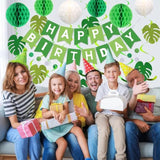 Green Birthday Decorations - Happy Banner With Honeycomb Balls, Palm Leaves Hanging Swirl Streamers, Circle Dot Garland - Party Decoration For Boy Girl