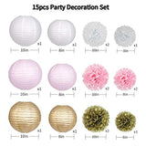 Pink And Gold Party Decorations, Pink Gold Paper Lanterns And Pom Poms Flowers For Birthday Baby Showers Engagement Tea Party Decor 15 Pieces