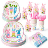 160 Pcs Easter Tableware Set Party Supplies for 20 Guests Disposable Paper Plates, Cups, Napkins Forks Set Decorations for Easter Party Spring Holiday Picnics