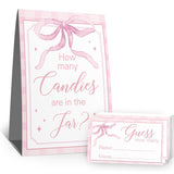 Guess How Many Candies Sign(1 Standing Sign-50 Guessing Cards) Pink Bow Theme Activities Cards Kit For Baby Showers, Newborn Parties, Bridal Shower, Engagement, Wedding Shower, Birthdays-58