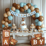 Party Spot?Bear Baby Shower Decorations Boy,80 Pcs Balloons,4 Wood Grain Blocks With Letter,"We Can Bearly Wait" Backdrop,Banner,Tablecloth,Balloon Pump, Blue Brown Bear Theme