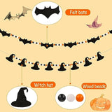 2PCS Halloween Felt Bats Witch Garland with Wood Beads Indoor Outdoor Mantle Decor