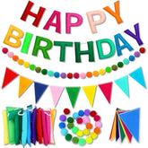 Pre-Strung Happy Birthday Banner - 3D Felt Happy Birthday Decorations Reusable Ball Garland Felt Pennant Flag Happybirthday Sign Multicolor Rainbow Bunting Happybirthday Banner Decor