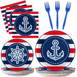 96 Pcs Nautical Anchor Party Plates Napkins Tableware Set Anchor Theme Supplies Disposable Dinnerware Sailor Boat Ship Decoration Favors for Navy Baby Shower Birthday, 24 Guests