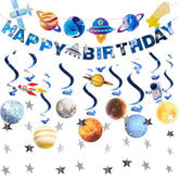Pre-Strung Birthday Party Decorations Outer Space Themed Set, With 2 Banners, 10 Solar System Planet Swirl Streamers, Hanging Dazzling Star Garlands For Kids Teens Party Decoration Gifts