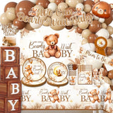 Bear Baby Shower Decorations, Brown Netural Balloon Arch Kit We Can Barely Wait Banner Plates Tablecloth Bear Baby Shower Decorations Brown Beige 249 Pcs