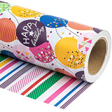 Reversible Birthday Wrapping Paper - Mini Roll - 17 Inch X 33 Feet - Colorful Balloon With Confetti Design For Birthday, Holiday, Party, Baby Shower