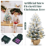 3Ft Flocked Prelit Christmas Tree With 60 Led Lights & 8 Lighting Modes, Small Battery Powered Tabletop Xmas Tree For Indoor Holiday Décor, Mini Artificial Snow Tree With Burlap Base