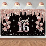 Rose Gold Sweet 16 Birthday Banner for Girls, Photo Booth Party Supplies