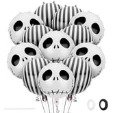 12 Pcs Halloween Skull Foil Black And White Striped Balloons(18 Inch) Nightmare Honor Theme Birthday Party Decorations Spooky Ghost Skeleton Cat Baby Shower Day Of The Dead Indoor Outdoor Decor