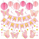 Butterfly Birthday Party Banner Pink Butterfly Hanging Decoration Set For Girls Include Hanging Swirl Streamers Honeycomb For Birthday Party Supplies