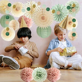Sage Green & Pink Party Décor Set with Pom Poms, Fans & Garland