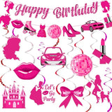 Hot Pink Birthday Party Decorations, Pink Princess Birthday Hanging Decorations, Princess Happy B-Day Banner Decor For Girls Doll Theme Party Cowgirl B-Day Decor