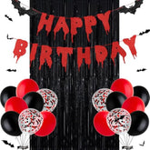 Red Black Happy Birthday Glittery Halloween Banner Black Foil Curtains Backdrop 3D Bat Sticker Latex Balloons Confetti Balloon For Birthday Party Decoration Halloween Party Supplies