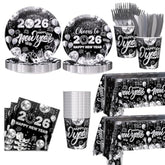 194pcs Black Silver New Year 2026 Party Tableware for 24 Guests