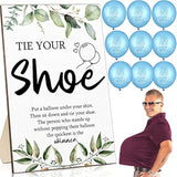 51 Pcs Tie Your Shoe Baby Shower Game Sign Wooden Sign Greenery Gift Sets Gender Reveal Party Favors 50 Balloons Latex Balloons For Game Supplies(Blue,Leaf)