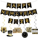 6 Pcs Black Gold Happy New Year 2026 Hanging Swirls Banner Decorations
