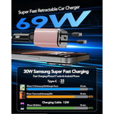 Retractable Car Charger, 4 In 1 Fast Car Phone Charger 66W, 2 Retractable Cables And Usb Car Charger,Compatible With Iphone 15/14/13/12/11,Galaxy,Pixel