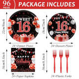 Sweet 16 Party Supplies: Red & Silver Decorations, 24 Guests (96 Pcs