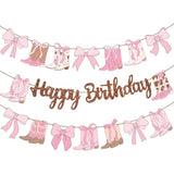 Cowgirl Boots Bow Banners 3Pcs Western Coquette Glitter Birthday Party Decor