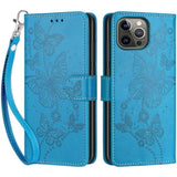 Designed For Iphone 13 Pro Max Case Wallet,Women Flip Folio Cover With Embossed Pu Leather Stand Credit Card Holders Slots Wrist Strap Phone Case For Iphone 13 Pro Max 6.7 Inch (Blue Butterfly)