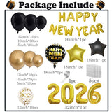 New Year Decorations 2026 with Black Gold Balloons Garland,Happy New Year Foil Balloon Banner, 32 Inch 2026 Number And Star Foil Balloons For 2026 Eve Decorations