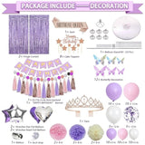 222 Pcs Butterfly Birthday Decorations, Purple And Pink Birthday Decorations For Girls Kit - Disposable Dinnerware Set With 25 Guest, Balloons, Sash, Tiara, Banner, Butterfly Decor