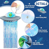 Alien Birthday Party Decorations Door Curtain With Foil Fringe Tinsel Spacecraft Flying Saucer Spaceship Hanging Banner For Alien Halloween Party(Golden Blue)