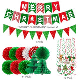 Merry Christmas Hanging Paper Banner Pom Poms Paper Flower Fan Swirl Streamers&Christmas Tree Santa Claus Banner For Merry Christmas Party Decorations