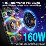 Bluetooth Speaker, 160W Peak Powerful Loud Stereo Sound Deep Bass Wireless Boombox Portable Large Speakers with Subwoofer TWS Pairing Dynamic LED