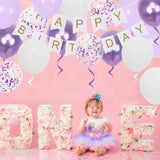 Happy Birthday Banner, Purple Birthday Decoration, 16 Pcs 12In Balloons With 2 Ribbons For Men Women Girls And Boys Party Decoration