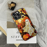 Compatible With Iphone 16 Pro Max Case - Dual-Layer Protection, Hard Shell With Silicone Interior,Slim Scratch Resistant Shockproof For Woman Men - Stained Glass Halloween Ghost And Pumpkin