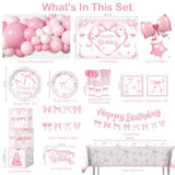251Pcs Coquette Birthday Decorations, All-In-1 Pink Bow Birthday Pack With Pre-Strung Banner, Plates, Backdrop Tablecloth Balloon Arch For Bow Themed Party Decorations, Serves 20 Guests