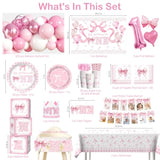 235 Pcs Pink Bow 1St Birthday Decorations, All-In-1 Supplies Pack, Includes 20 Girls Just Wanna Be One Theme Tableware, 1St Party Hat, High Chair Banner, For Pink 1St Birthday Bow Theme