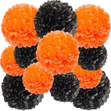 12Pcs Orange Black Hanging Tissue Paper Pom Poms,Ceiling Pompoms Flowers for Halloween Graduations Birthday Party Decorations