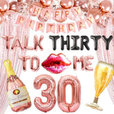53-pc rose gold “Talk 30 to Me” balloons, backdrop & banner for 30th birthday decor