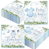 40Pcs Baby Shower Napkins Decoration,A Sweet Baby Boy Is On The Way Babi Shower Decoration,Watercolor Greenery Boys Babys Paper Napkins For Boy’S Gender Reveal Party Decoration