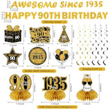 11Pcs 90Th Birthday Decorations Kit For Men Women, Black Gold Happy 90Th Birthday Banner, Awesome Since 1935 Centerpieces Swirls Party Supplies, Ninety Bday Banner Ceiling Table Topper Sign